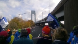 Start Line! Check out all the tossed clothing to the side! We saw this solid for the first 3 mi of the race! Except for on the windy Verrazano-Narrows bridge.